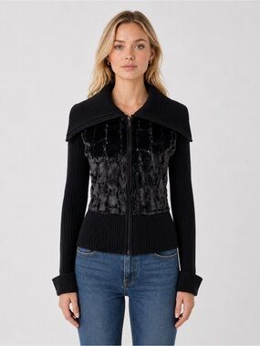 Cache Black Zip Up Sweater Jacket Wool Blend Faux Fur Beaded Chic Size L